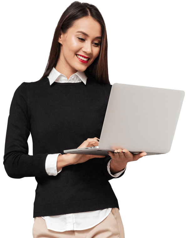 woman using payroll and HR software laptop